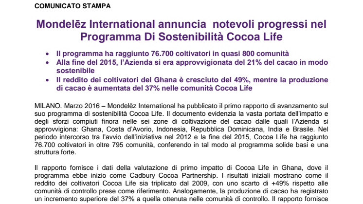 Mondelēz International annuncia notevoli progressi nel Programma Di Sostenibilità Cocoa Life