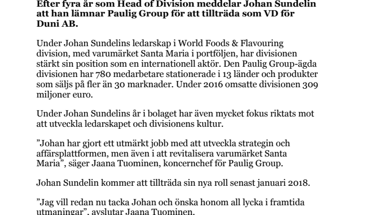 Johan Sundelin lämnar sin position som Head of Division för Paulig Groups World Foods & Flavouring division