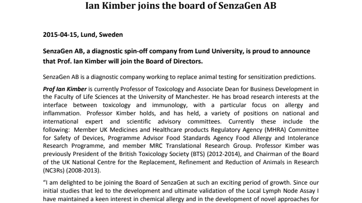 Ian Kimber joins the board of SenzaGen AB 