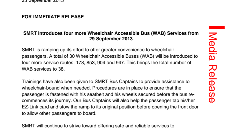 SMRT introduces four more Wheelchair Accessible Bus (WAB) Services from 29 September 2013