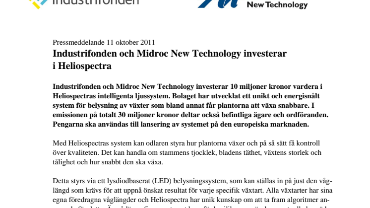 Midroc New Technology och Industrifonden investerar i Heliospectra