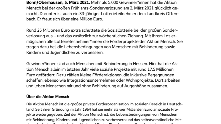 Landkreis Offenbach:  Glückspilz gewinnt 1 Million Euro bei der Frühjahrs-Sonderverlosung der Aktion Mensch