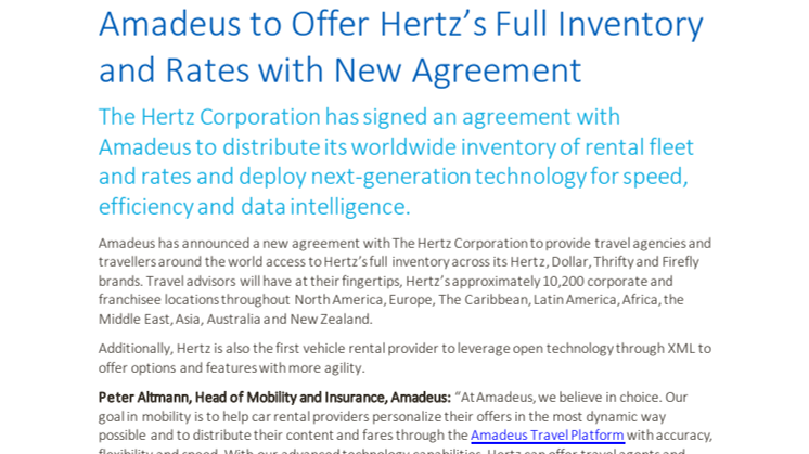 Alle tilbud fra Hertz er nu tilgængelige med ny Amadeus-aftale
