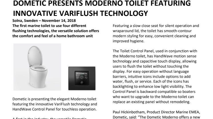 Dometic Presents Moderno Toilet Featuring Innovative VariFlush Technology