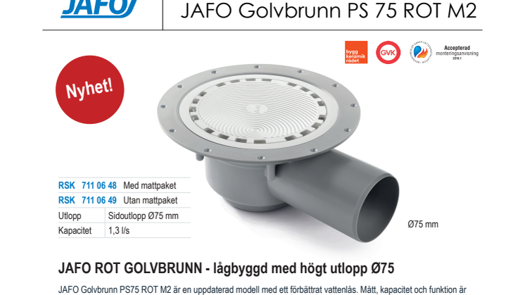 JAFO Produktblad Golvbrunn PS 75 M2