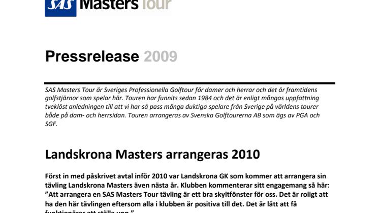 Landskrona Masters arrangeras 2010