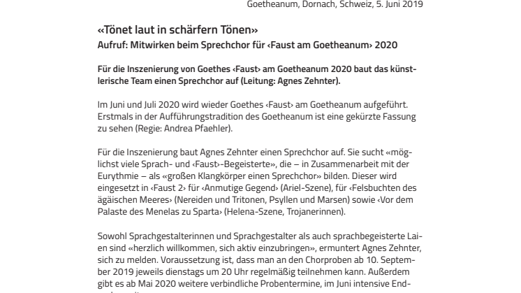 «Tönet laut in schärfern Tönen». ​Aufruf: Mitwirken beim Sprechchor für ‹Faust am Goetheanum› 2020