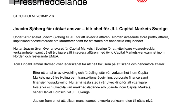 Joacim Sjöberg får utökat ansvar – blir chef för JLL Capital Markets Sverige