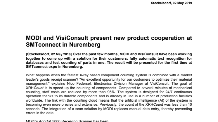 MODI and VisiConsult present new product cooperation at SMTconnect in Nuremberg