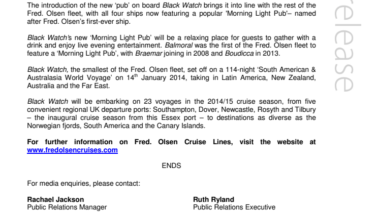 Fred. Olsen Cruise Lines unveils Black Watch’s  new ‘Morning Light Pub’