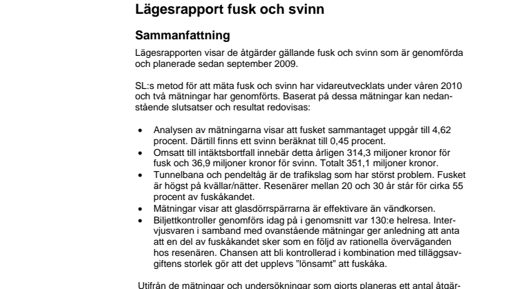 SL: Lägesrapport fusk och svinn 2010-09-21