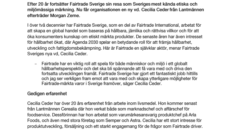 Cecilia Ceder ny vd för Fairtrade Sverige