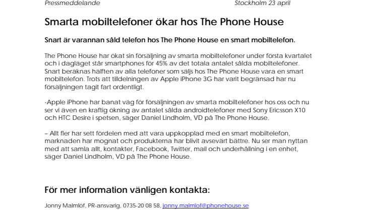 Smarta mobiltelefoner ökar hos The Phone House 