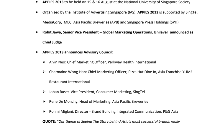 APPIES 2013 to unveil compelling stories behind the most successful brands in Asia