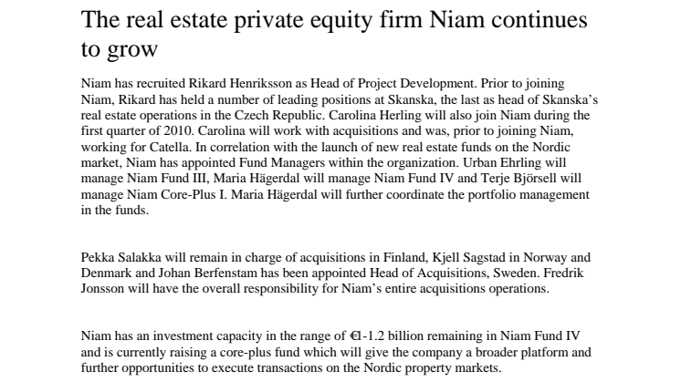 The real estate private equity firm Niam continues to grow