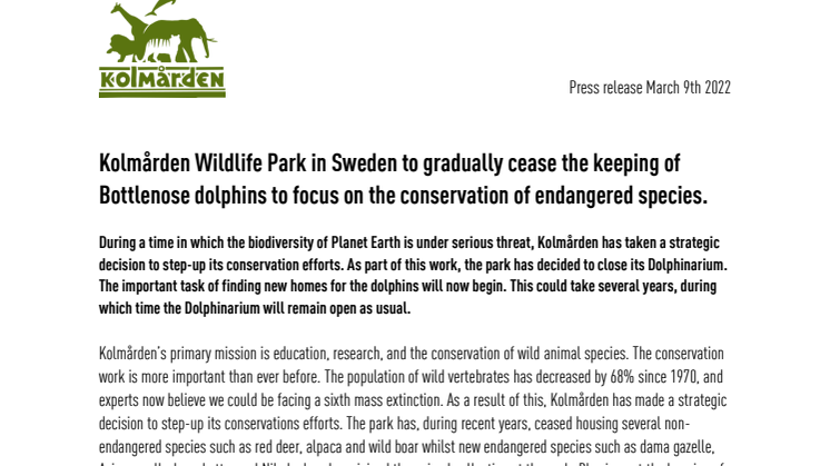 Kolmården Wildlife Park in Sweden to gradually cease the keeping of Bottlenose dolphins to focus on the conservation of endangered species.pdf