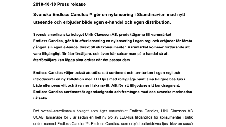 Svenska Endless Candles™ gör en nylansering i Skandinavien med nytt utseende och erbjuder både egen e-handel och egen distribution.