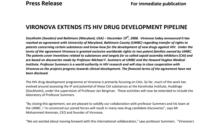 VIRONOVA EXTENDS ITS HIV DRUG DEVELOPMENT PIPELINE 