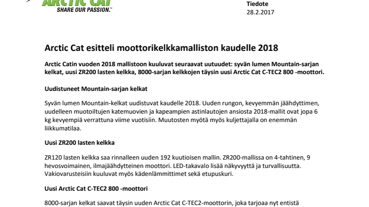 Arctic Cat esitteli moottorikelkkamalliston kaudelle 2018