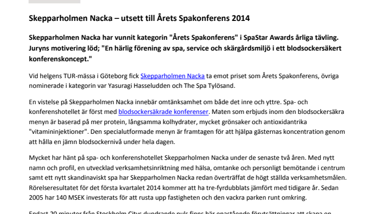 Skepparholmen Nacka – utsett till Årets Spakonferens 2014