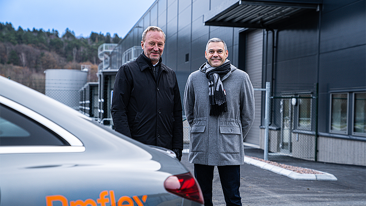 Leif Hallén, Managing Director Pmflex Group Northern Europe AB och Frédéric Soler, Managing Director Pmflex Group utanför Pmflex nya fabrik i Sverige.