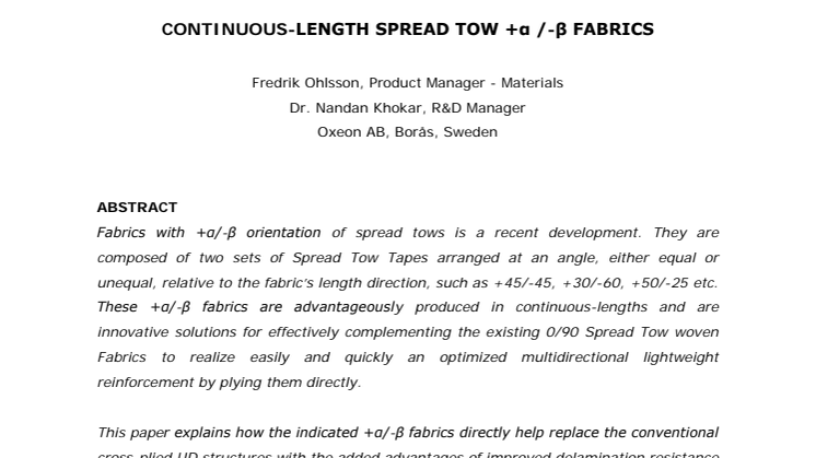 Paper: Continuous-length Spread Tow +α/-β Fabrics