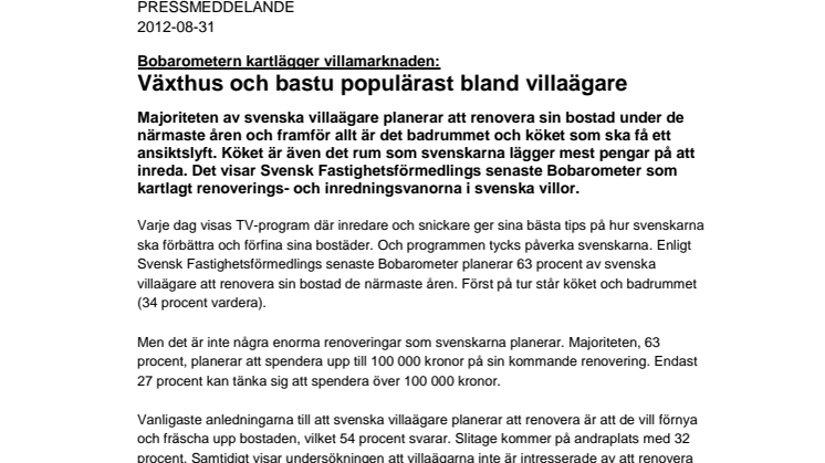 Bobarometern kartlägger villamarknaden: Växthus och bastu populärast bland villaägare