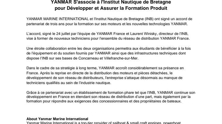 YANMAR S'associe à l'Institut Nautique de Bretagne pour Développer et Assurer la Formation Produit