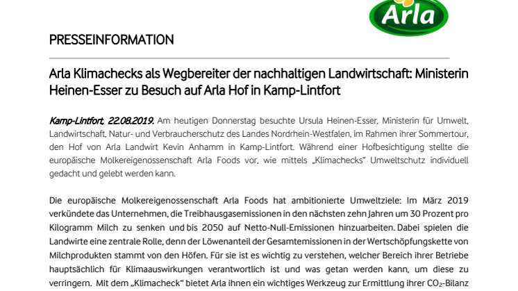 Arla Klimachecks als Wegbereiter der nachhaltigen Landwirtschaft: Ministerin Heinen-Esser zu Besuch auf Arla Hof in Kamp-Lintfort 