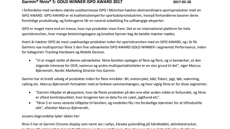 Garmin® fēnix® 5: GOLD WINNER ISPO AWARD 2017	