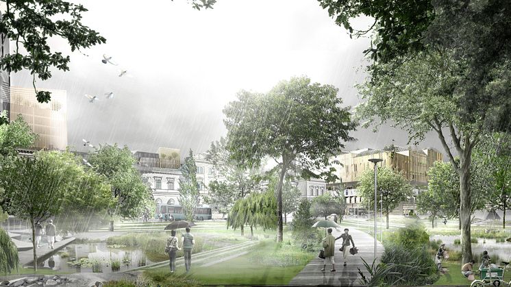 Tillstyrkande av detaljplan för överdäckning av Götaleden är ett av ärendena på stadsbyggnadsnämnden den 23 maj. Visionsbild: White.