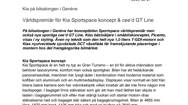 Kia på bilsalongen i Genève -  Världspremiär för Kia Sportspace koncept & cee’d GT Line