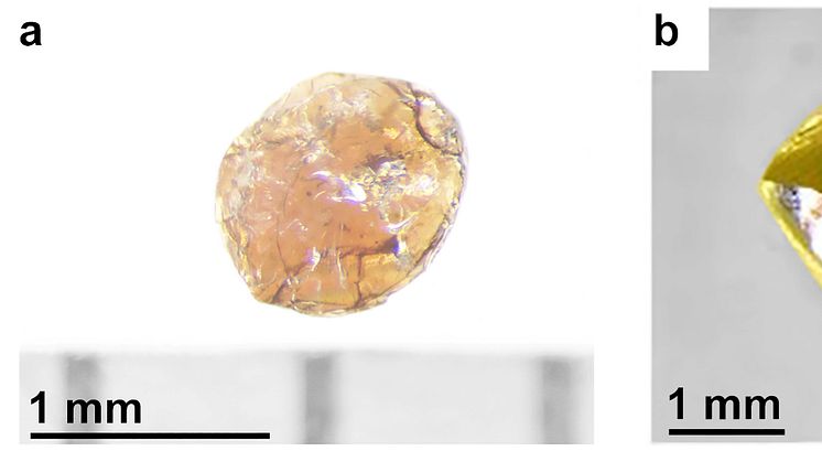 Till vänster (a) är det nya diamantmaterialet med glasstruktur, till höger (b) en typisk diamantkristall syntetiserad av grafit under tryck. Den gulgröna färgen hos diamantkristallen kommer sig av att den är förorenad av kväveatomer. Foto: Mingguang