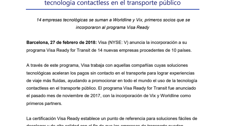 Visa amplía su red global de partners para promover la tecnología contactless en el transporte público