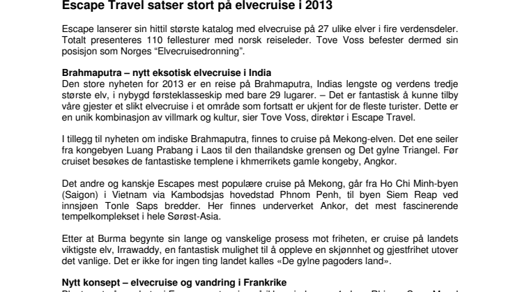 Escape Travel satser stort på elvecruise i 2013 