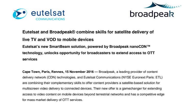 Eutelsat and Broadpeak® combine skills for satellite delivery of live TV and VOD to mobile devices