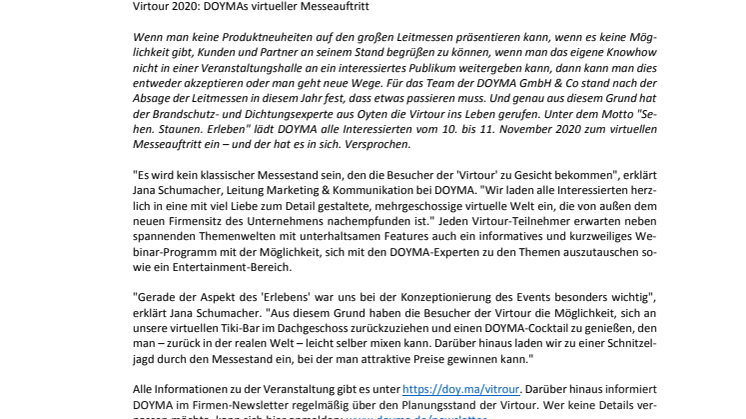 DOYMA-Pressemitteilung: Virtour 2020: DOYMAs virtueller Messeauftritt 