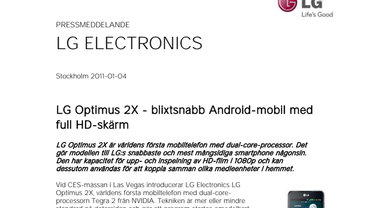 LG Optimus 2X - blixtsnabb Android-mobil med full HD