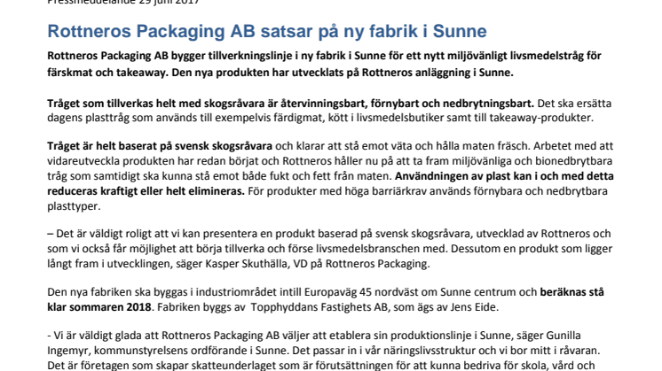 Rottneros Packaging AB satsar på ny fabrik i Sunne