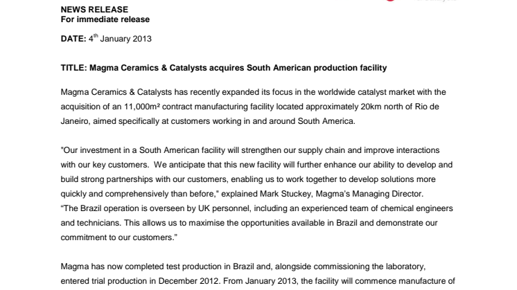 Magma Ceramics & Catalysts acquires South American production facility