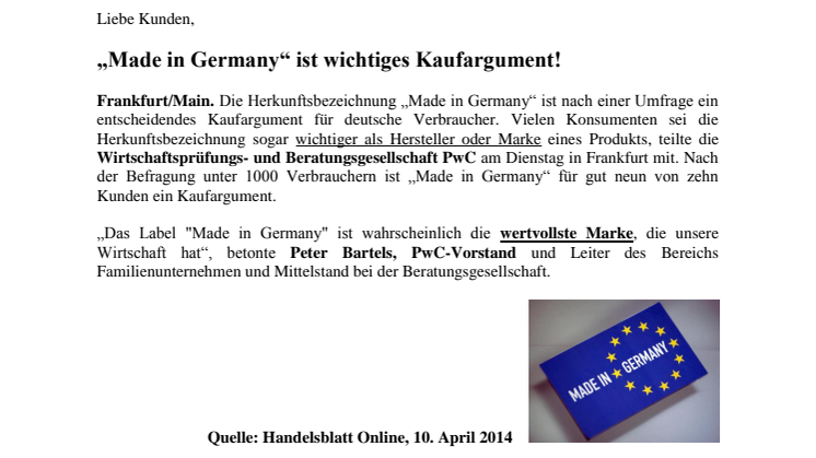 MADE IN GERMANY ist Kaufargument Nr. 1!