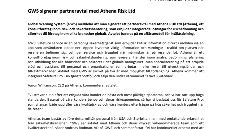 GWS signerar partneravtal med Athena Risk Ltd