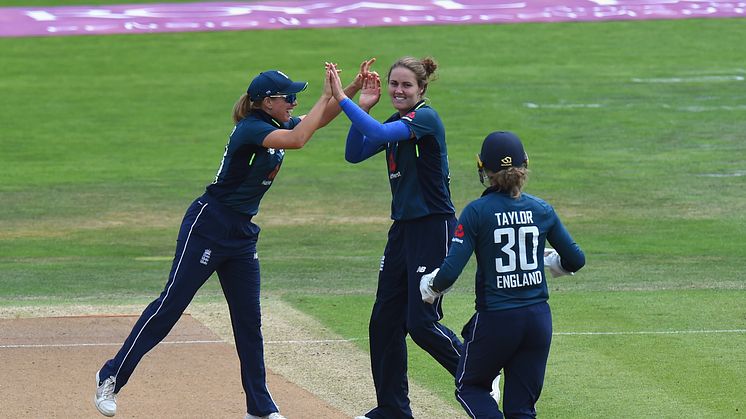 Nat Sciver celebrates one of her three wickets. Photo: Getty Images 