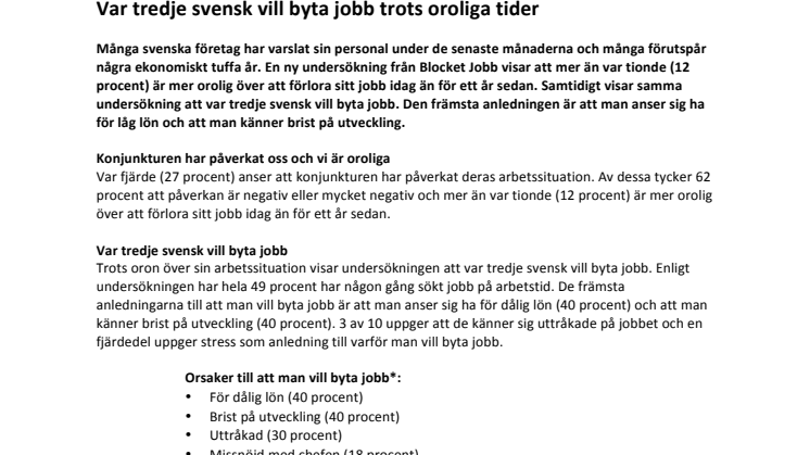 Var tredje svensk vill byta jobb trots oroliga tider