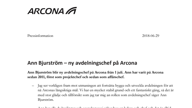 Ann Bjurström – ny avdelningschef på Arcona 