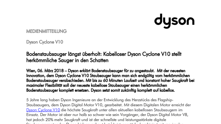 Bodenstaubsauger längst überholt: Kabelloser Dyson Cyclone V10 stellt herkömmliche Sauger in den Schatten