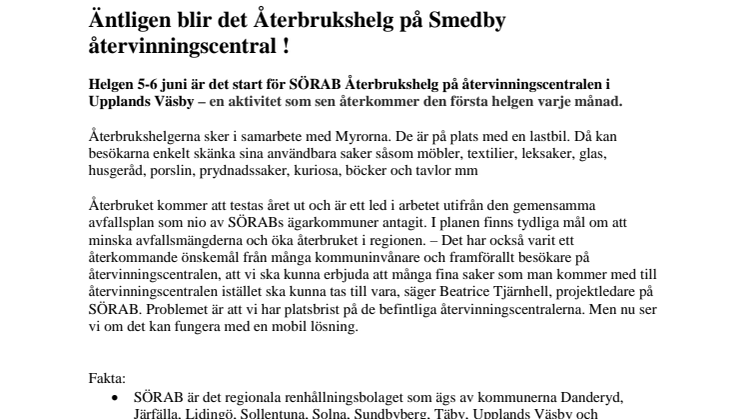 Äntligen blir det Återbrukshelg på Smedby återvinningscentral!