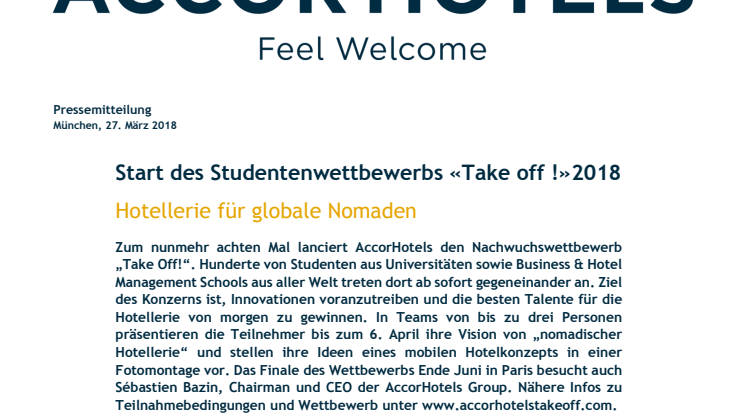 Start des Studentenwettbewerbs «Take off !» 2018: Hotellerie für globale Nomaden