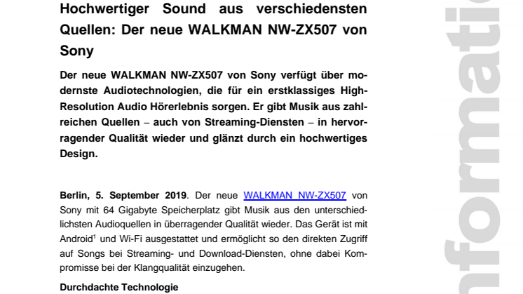 Hochwertiger Sound aus verschiedensten Quellen: Der neue WALKMAN NW-ZX507 von Sony