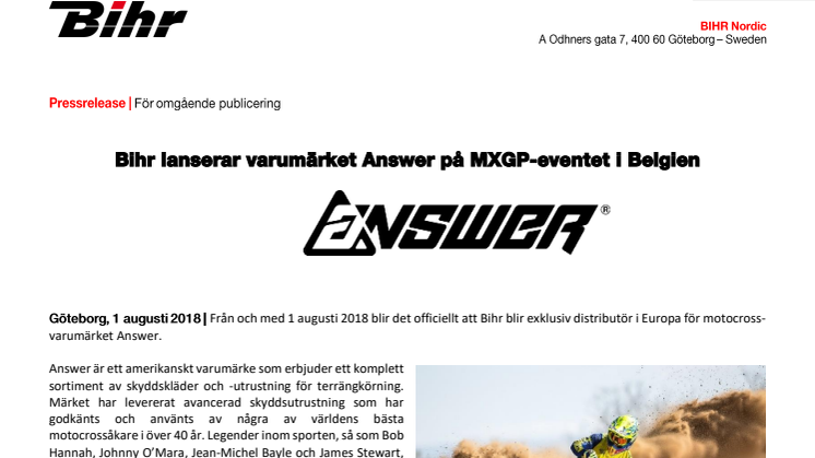 Bihr lanserar varumärket Answer på MXGP-eventet i Belgien